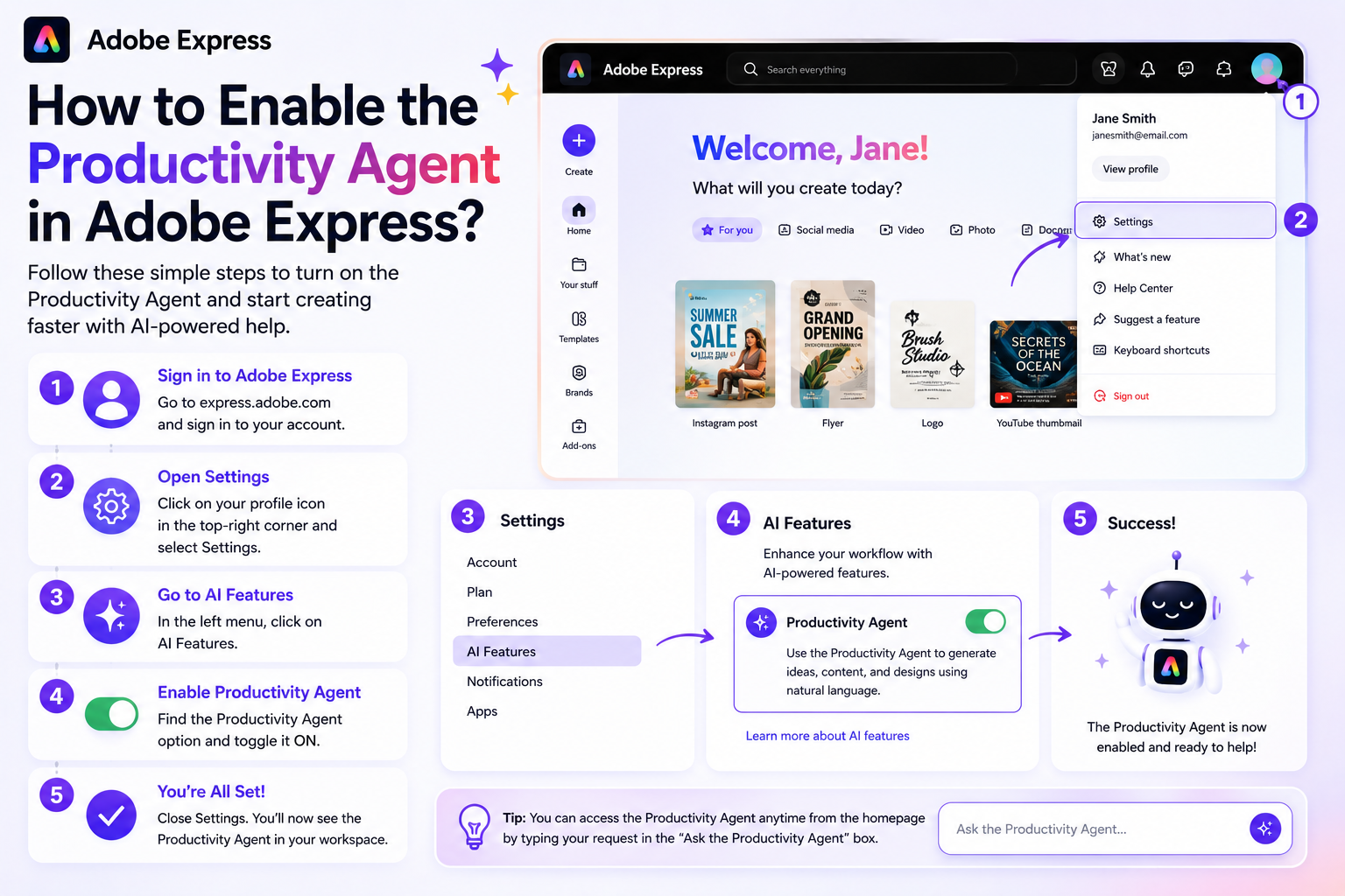 How to Enable the Productivity Agent in Adobe Express?